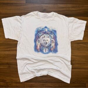 White T-Shirt with Wolf and Dreamcatcher Graphic